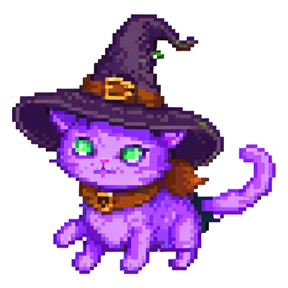 Make the purple witch cat with a hat fly in pixel art style with no background, transparent background. sticker