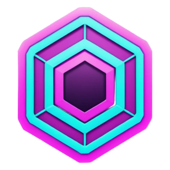 futuristic minimalistic glowing hexagon icon, neon purple and cyan glow, dark background, tech modern symbol, 1:1 aspect ratio, no face sticker