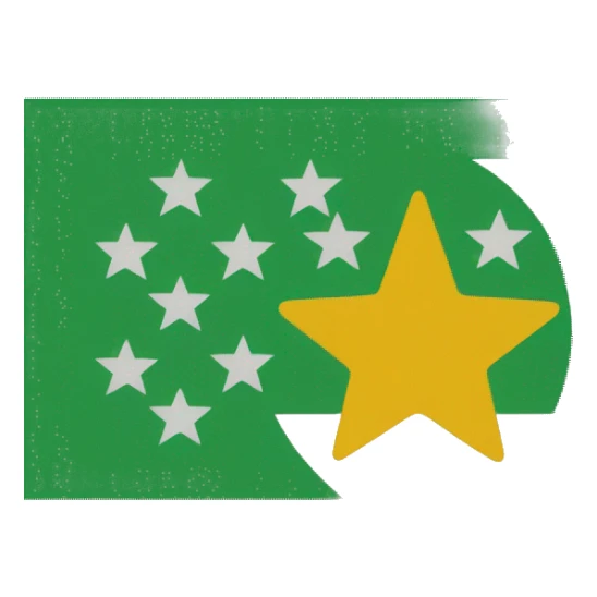 A flag with a red stripe at the top white stripe in the middle and green strip at the bottom with a sun in the middle sticker