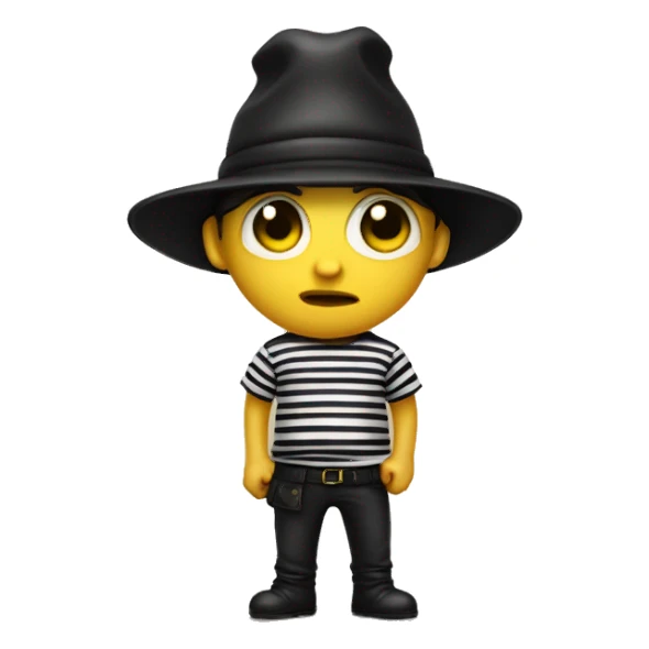 White Thief with black and white stripes shirt wearing a black bean hat holding a yellow bag sticker