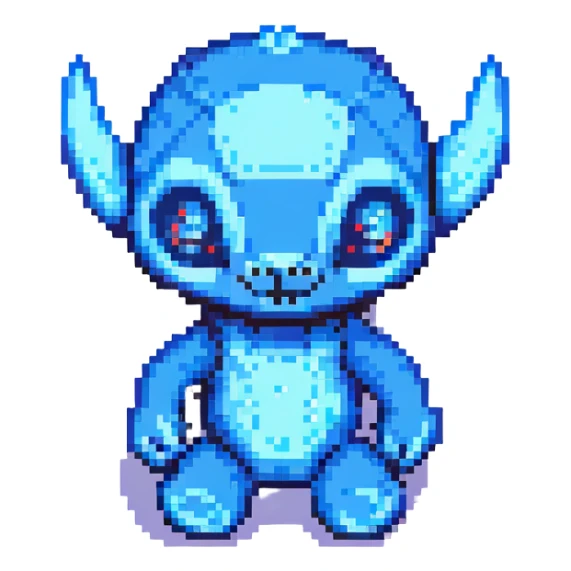 Stitch, the blue alien from Lilo & Stitch, pixel art style sticker