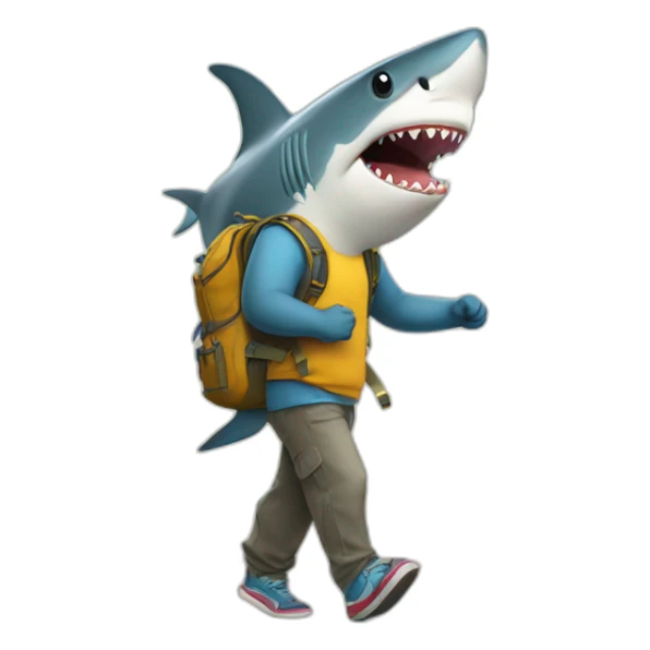 A shark with glasses walks along the road with a backpack on his back. sticker