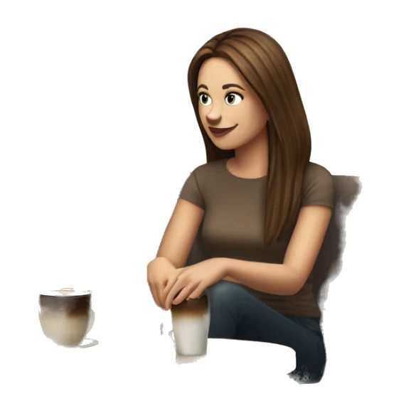 Side view realistic posh brown straight haired pale woman sits at the coffee table sticker
