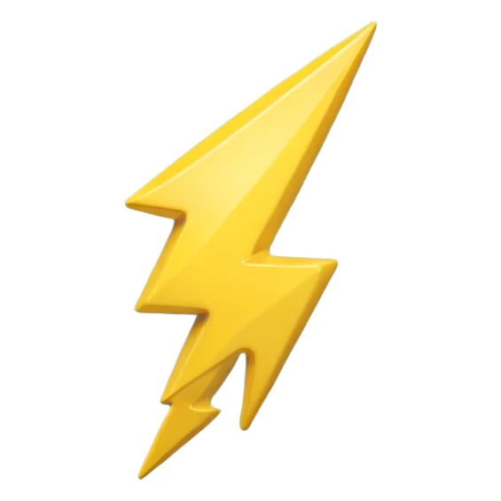 A cute 3D render icon of a lightning bolt shape. Rounded edges, plump and glossy yellow plastic material. Soft studio lighting, cheerful style. Isolated on a clean light blue gradient background. High quality, minimalist design. sticker