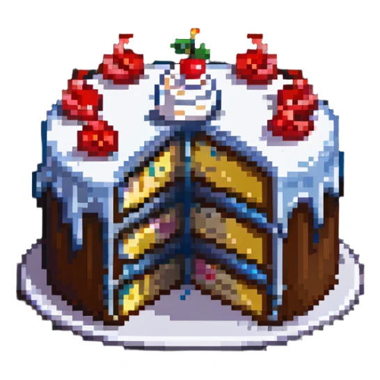 pixel art of a cake with multiple bites taken out of it sticker