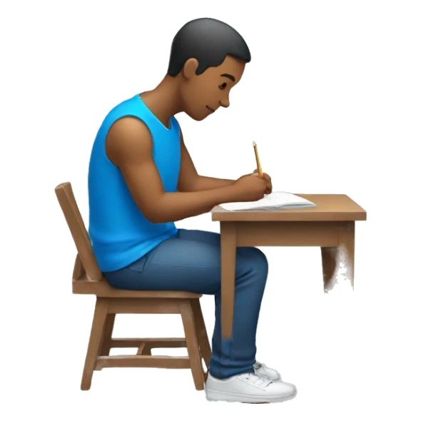 male sitting and studing with blue shirt. Side view. sticker