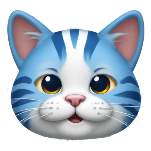 big blue and white striped cat with a smile sticker