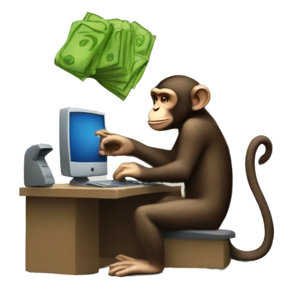 A monkey at a computer. There's a lot of money next to it. sticker