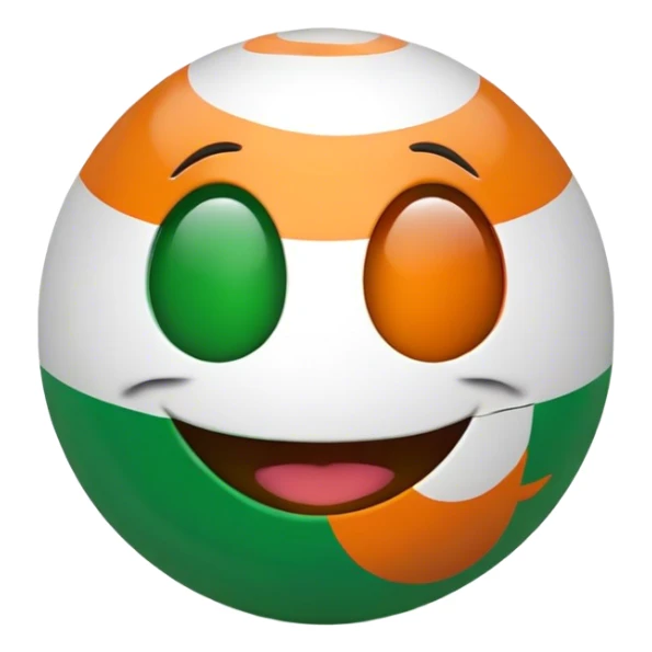 "A 2D-rendered, glossy, spherical emoji with a cheerful smiling face. The sphere is painted with the colors of the Indian flag—saffron on top, white in the middle, and green at the bottom. The emoji has large, shiny green eyes with black pupils, reflecting light for a cute and friendly expression. The background is plain white, making the vibrant colors and glossy texture of the sphere stand out. The overall style is smooth and cartoon-like, with a polished and modern look." sticker