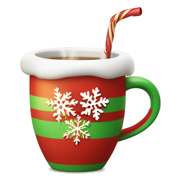 mugs with a hot drink decorated with snowflakes or a striped caramel stick. Steam rises from the mug in the shape of hearts. The color of the mug is warm red or green to convey the New Year mood sticker