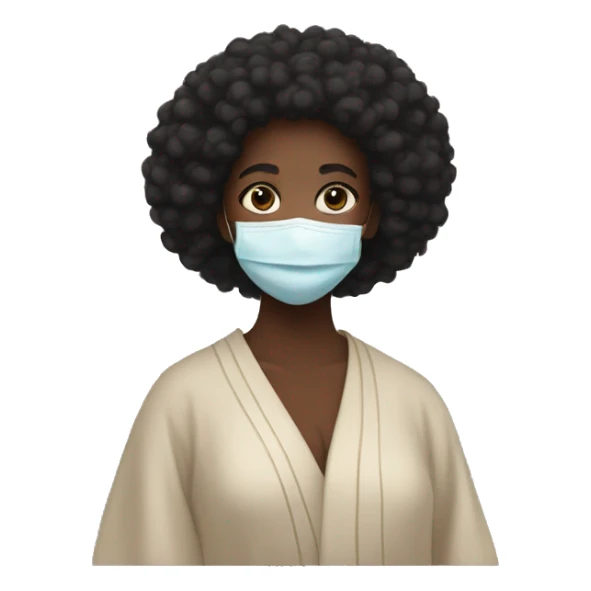 A black girl with a robe and face mask with an afro sticker