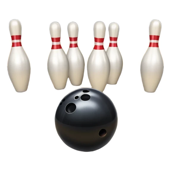 A bowling ball rolling down the lane towards a set of pins, with the pins poised to fall. The scene is set in a bowling alley with bright lights and a polished wooden floor, capturing the excitement and precision of the sport. sticker