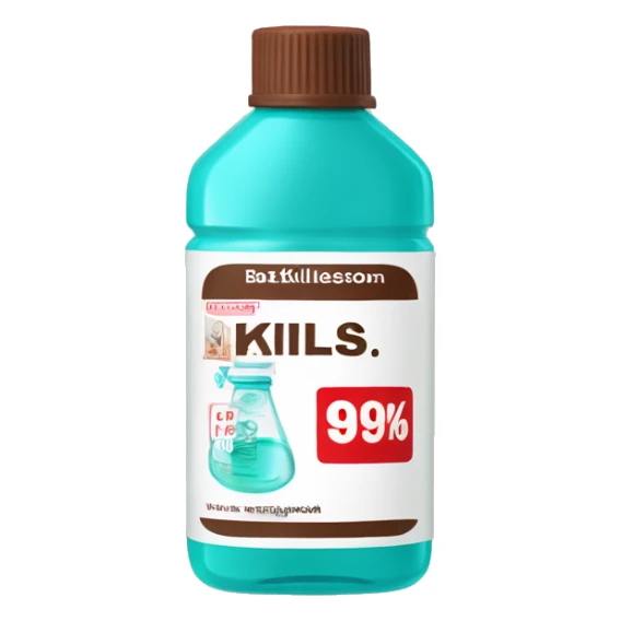 Turquoise Mouthwash bottle with white stickers and brown cap . the white stickers have small red letters that say kills 99% of batería  sticker