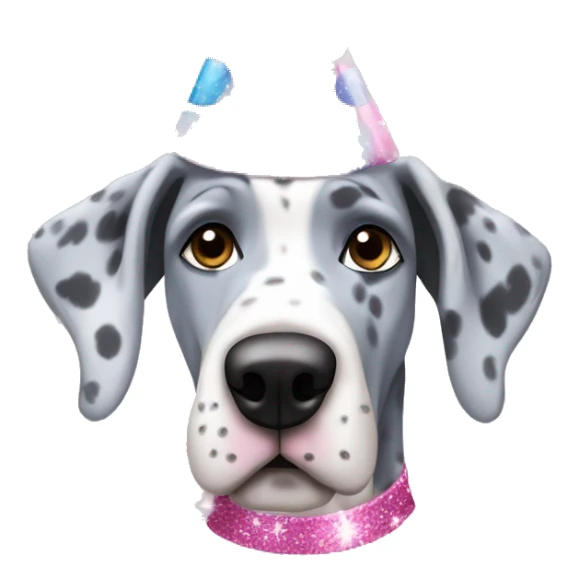 Blue Merle Great Dane wearing pink party hat with sparkles sticker