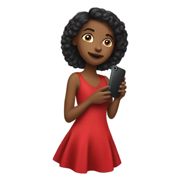 a girl in a red dress holding a cell phone sticker