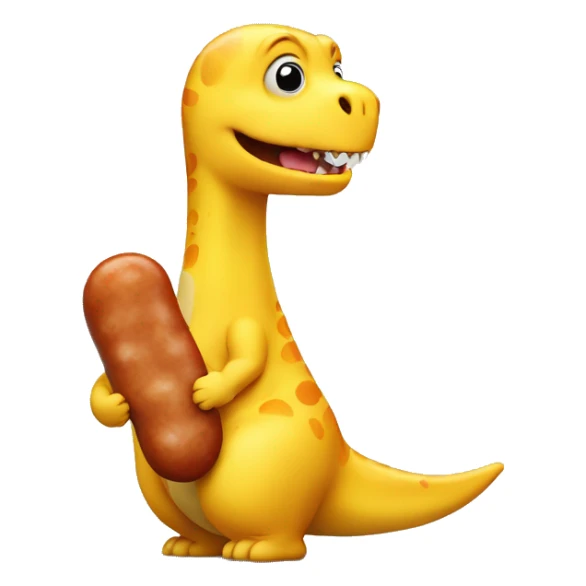 a cute fat yellow dinosaur is eating a jumbo sausage sticker