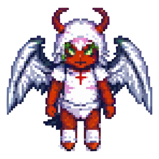 Pixel art depiction of a half demon, half angel character, with one side light and the other dark, each with their respective features, pixel art style sticker