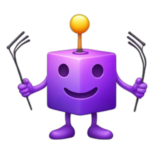 purple gradient colored smiling cube with 2 long hands and 2 long legs with a dish antenna as a hat sticker