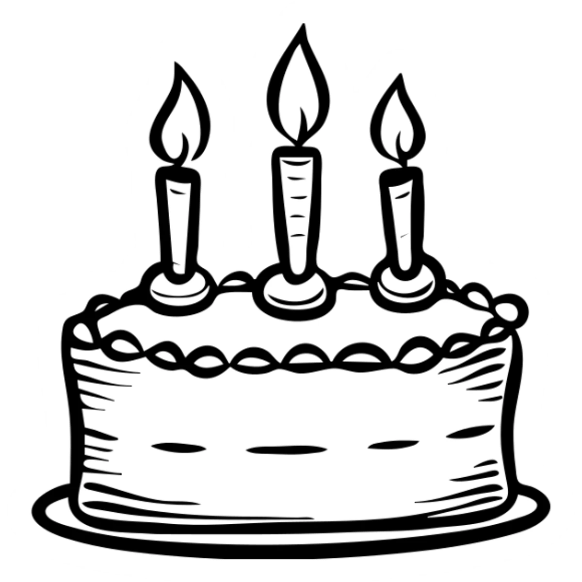A birthday cake with lit candles and decorative frosting sticker