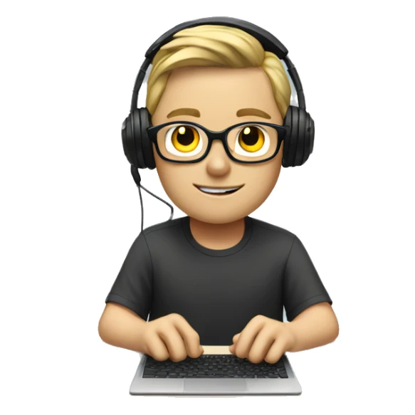 white boy with glasses and gaming headset sitting at desk on desktop computer  sticker