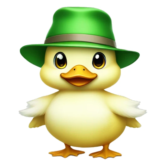 cute fluffy chubby baby duck with hand and wear green hat sticker