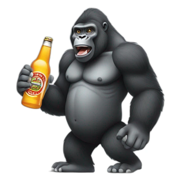a gorilla sponsored by caramba and holding a beer and a vodka bottle sticker