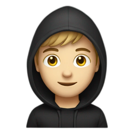 Young white developer with a black hood behind his laptop on a desktop sticker