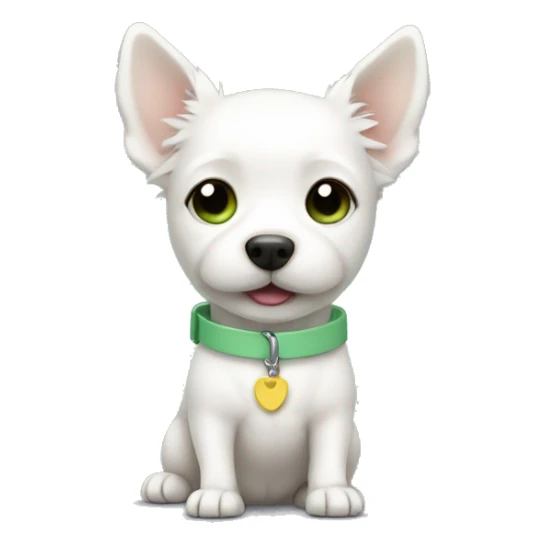 Small white dog with pastel green collar sticker