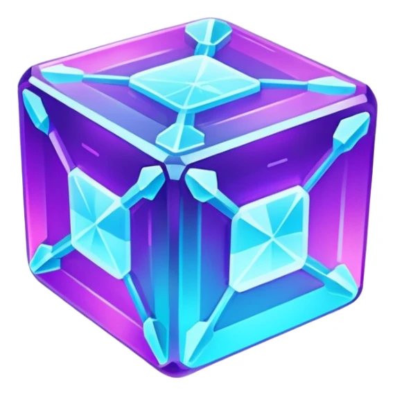 Futuristic glowing ice crystal cube, icy neon cyan highlights, purple neon accents, dark background, digital tech style. sticker