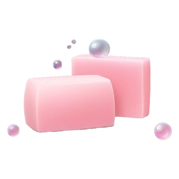 Light pink soap bar sitting on a soap holder, with soap bubbles  sticker