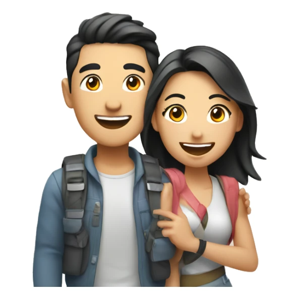 Attractive young  Asian couple excitedly traveling having fun sticker