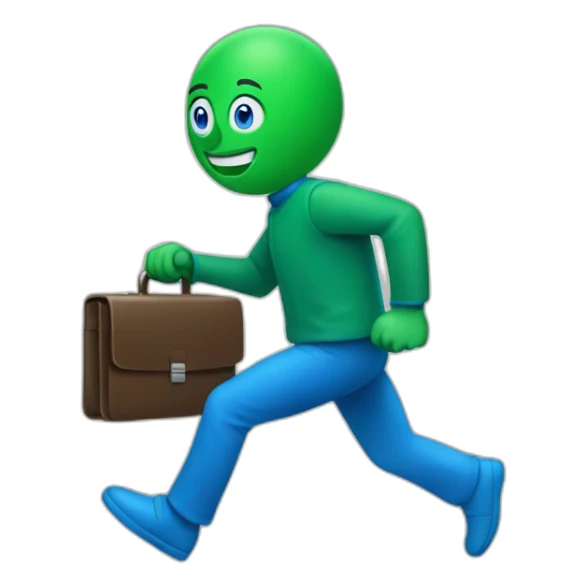 A green and blue man running to the right holding a briefcase sticker