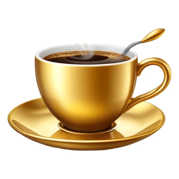 A luxurious golden coffee cup with an elegant curved handle, filled with steaming espresso. The light reflects off its metallic surface, creating a cozy and sophisticated ambiance. sticker