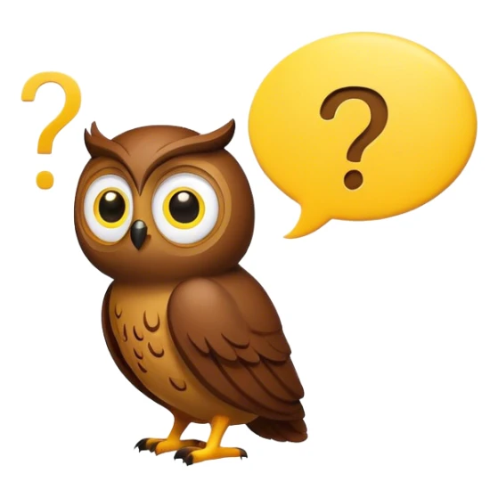 Small all Brown owl looking at a yellow question mark inside a thought bubble sticker