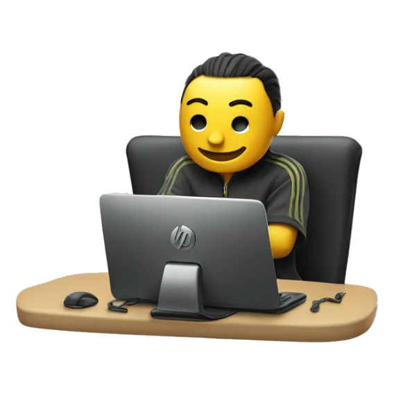 An emoji-style character sitting in a relaxed and fun pose in front of a PC.
The PC should clearly display the HP Victus logo on the front.
 sticker