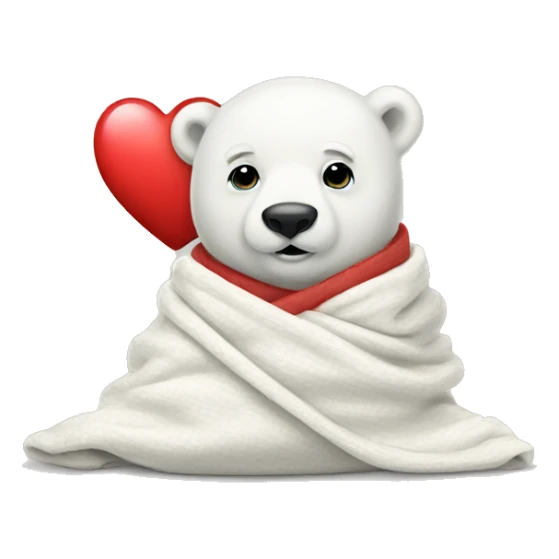 Baby polar bear in a blanket holding a heart sticker
