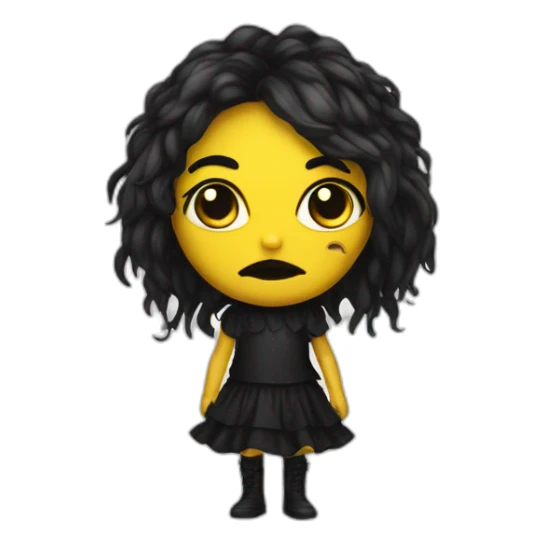 Create creature similar to human with red skin, black long hair, yellow eyes (black white of the eye), in black lather dress, black lips sticker