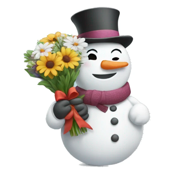 snowman holding a bouquet of flowers while smiling sticker