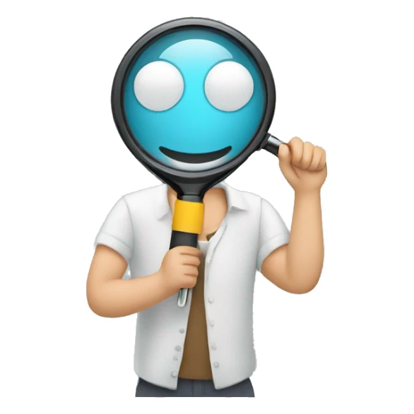 man holding one magnifying glass to read a screen monitor sticker