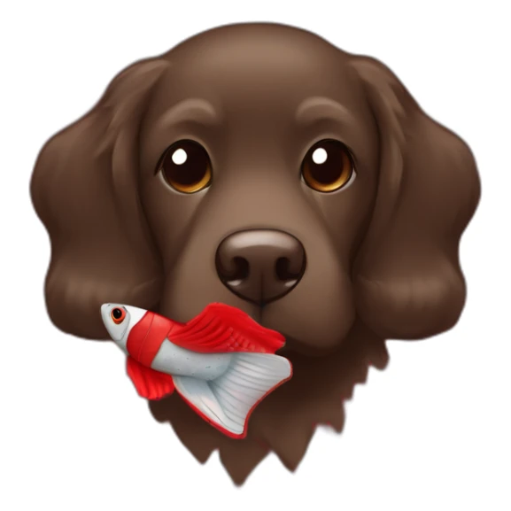 Chocolate brown colored doodle with a red and black flannel hankerchief holding a plush trout fish chew toy sticker