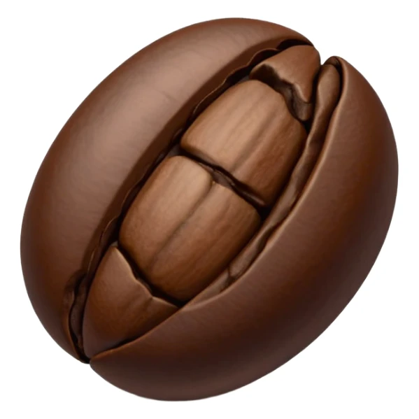 single coffee bean, three-quarter view, central groove visible, rich dark brown, subtle highlights and shading, smooth slightly glossy natural texture, realistic, non-anthropomorphic, minimal, 3D, soft shadows sticker