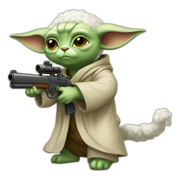 a yoda cat shooting a sheep with his gun sticker