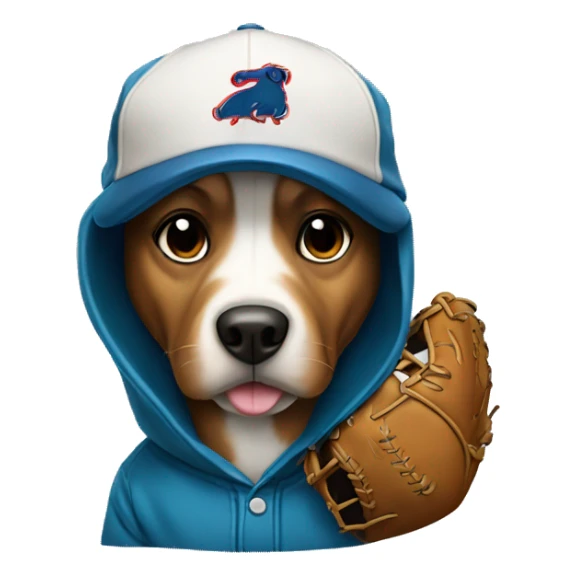 Dog wearing a hat and hoodie with a baseball glove and baseball  sticker