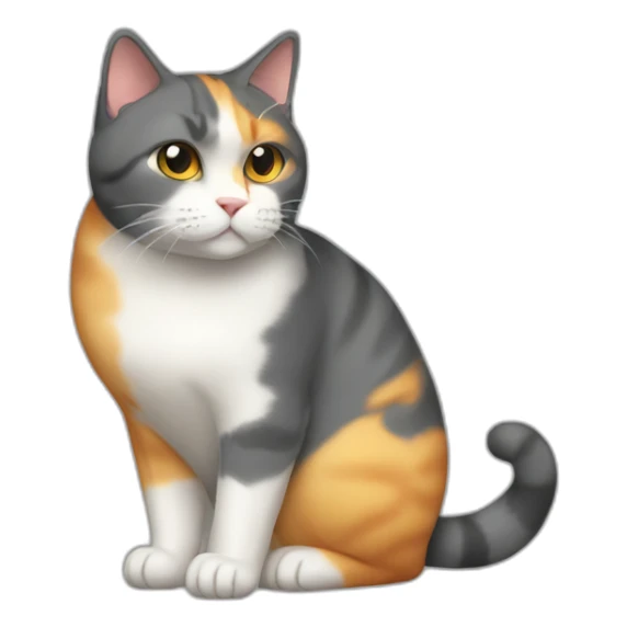 darkgray, white, and yellowish-orange cat with a fat belly sticker
