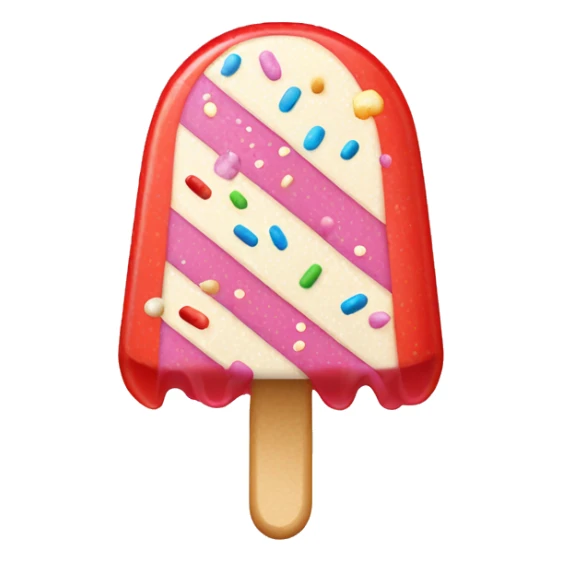an ice lolly that's split into three sections, the top part is covered in sprinkles, the middle is white and the bottom near the stick is red sticker