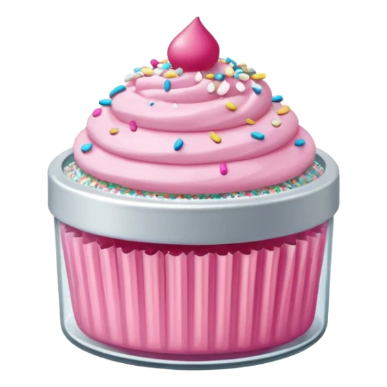 silver glitter in a small clear circular container with white lid, can of sprinkles, and pink cupcakes  sticker