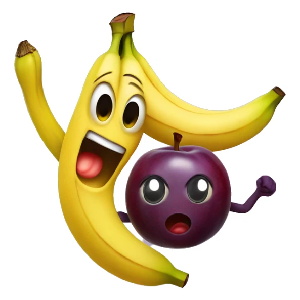 Banana with a super scared face dancing with a plum with a face dancing sticker