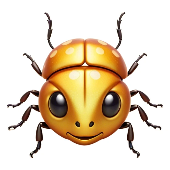 Cinematic Cute Beetle Portrait Emoji, Head tilted playfully and inquisitively, featuring a diminutive, charming body with a glossy, intricately patterned shell and round, sparkling eyes full of endearing wonder, Simplified yet irresistibly adorable features, highly detailed, glowing with a warm, inviting metallic glow, high shine, affectionate and lively, stylized with a touch of whimsical insect elegance, soft glowing outline, capturing the essence of a mischievous beetle that seems as if it could scuttle out of the screen into your arms! sticker
