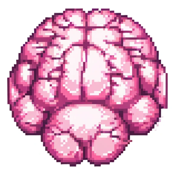 Make this pink melting brain icon more 3D with enhanced depth, shading, and highlights. Keep it fully front facing with pixel art accents. Background transparent. sticker