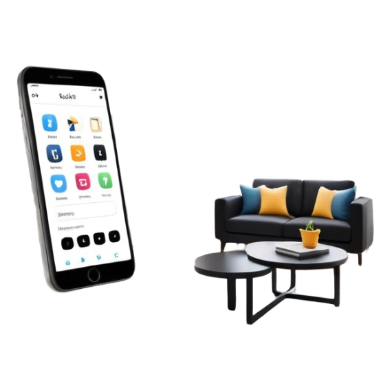smartphone with interior design style quiz app showing swipe left and right arrows between modern and traditional living room styles sticker